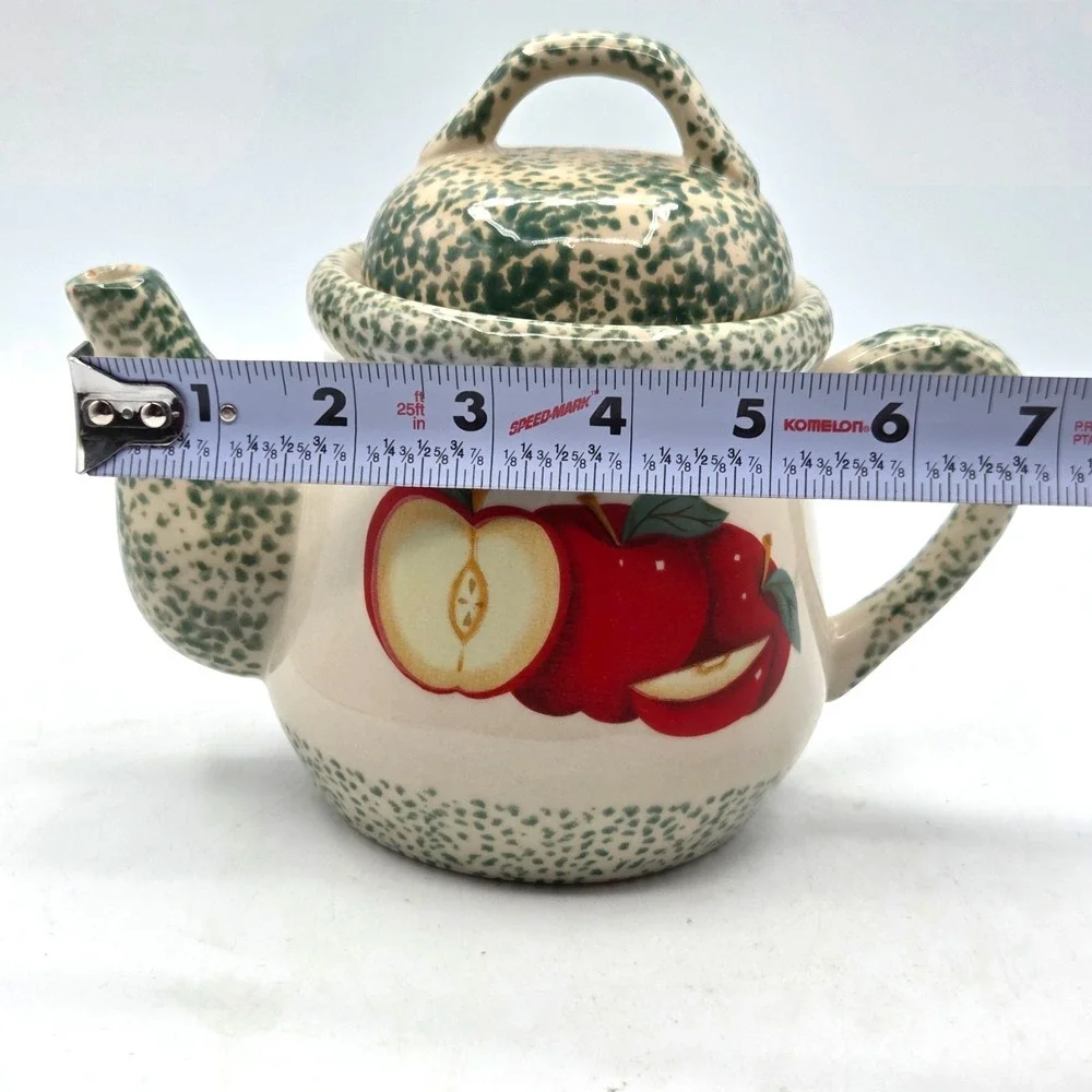 Vintage 1996 Tender Heart Treasures Ceramic Teapot Red Apples & Green Spongeware